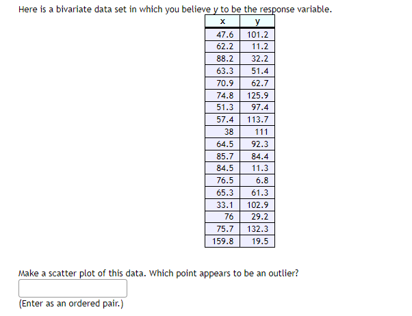 Here is a bivariate data set in which you believe y to be the response variable.
xy
47.6
101.2
62.2
11.2
88.2
32.2
63.3
51.4
70.9
62.7
74.8
125.9
51.3
97.4
57.4
113.7
38
111
64.5
92.3
85.7
84.4
84.5
11.3
76.5
6.8
65.3
61.3
33.1
102.9
76
29.2
75.7
132.3
159.8
19.5
Make a scatter plot of this data. Which point appears to be an outlier?
(Enter as an ordered pair.)
