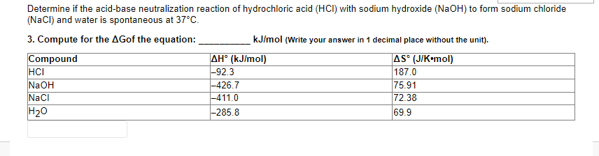 Determine if the acid-base neutralization reaction of hydrochloric acid (HCI) with sodium hydroxide (NaOH) to form sodium chloride
(NaCI) and water is spontaneous at 37°C.
3. Compute for the AGof the equation:
kJ/mol (Write your answer in 1 decimal place without the unit).
Compound
HCI
NaOH
NaCI
H20
AH° (kJ/mol)
-92.3
-426.7
-411.0
AS° (J/K•mol)
187.0
75.91
72.38
69.9
-285.8
