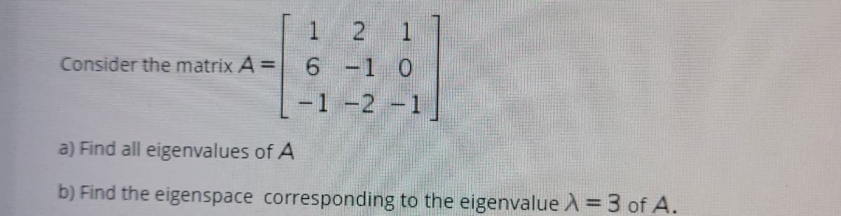 |1 2 1
6 -1 0
-1-2 -1
Consider the matrix A =
a) Find all eigenvalues of A
b) Find the eigenspace corresponding to the eigenvalue A = 3 of A.
