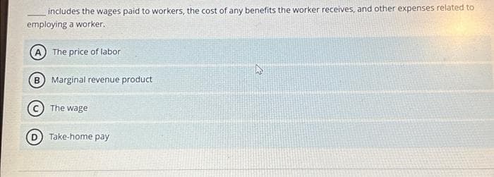 includes the wages paid to workers, the cost of any benefits the worker receives, and other expenses related to
employing a worker.
A) The price of labor
(B) Marginal revenue product
(C) The wage
Take-home pay