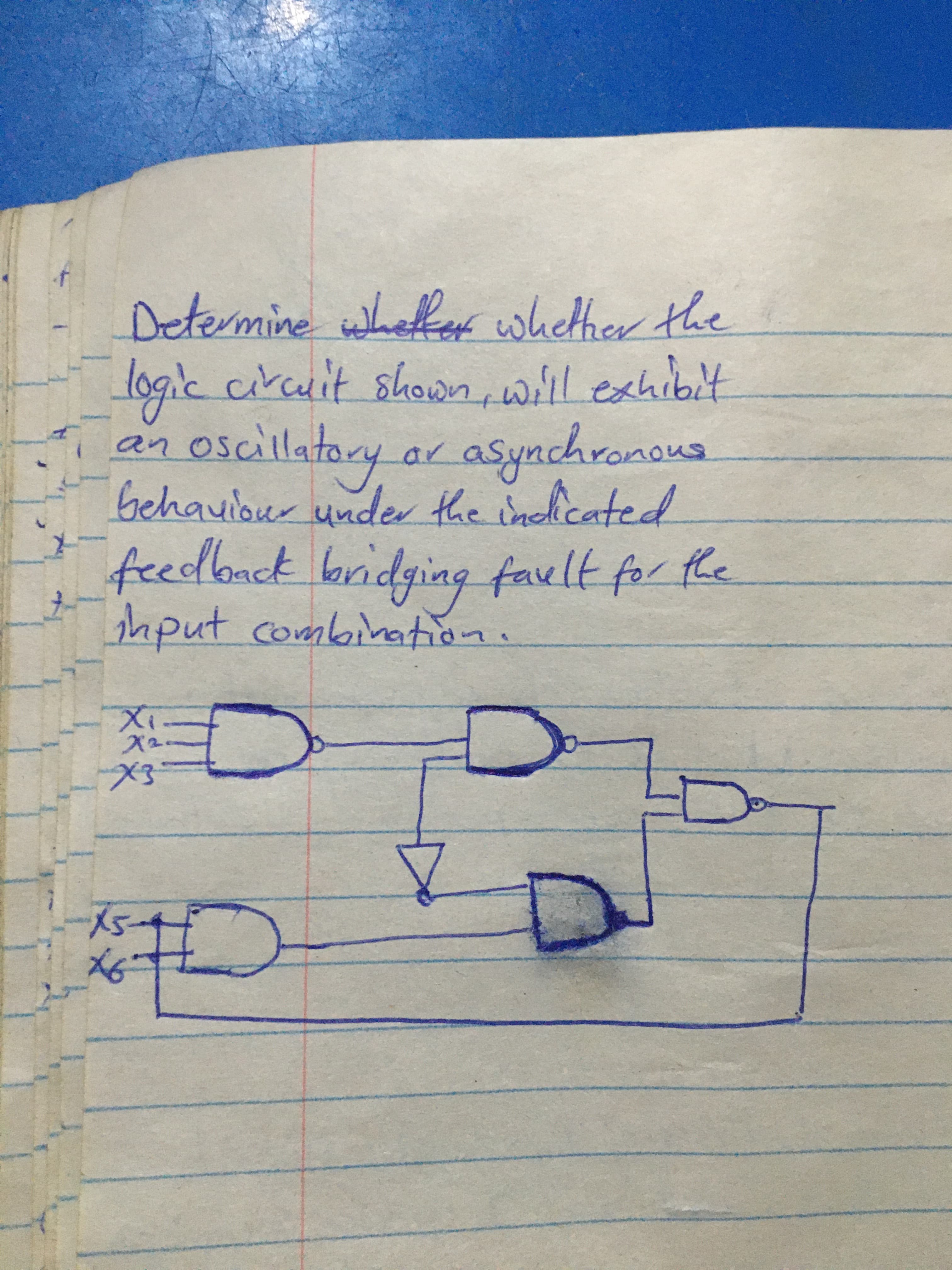 Determine whetkerf whether the
logic circuit shown, wi'll exhibit
an oscillato
behauibur under the inclicated
feedonck bridging fault for he
ory ar asynchronous.
x2.
X3
