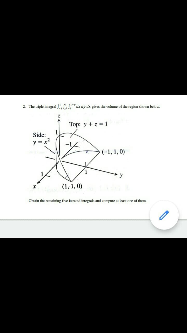 The triple integral , dz dy dx gives the volume of the region shown below.
Top: y + z = 1
1
Side:
y = x?
(-1, 1, 0)
1.
y
(1, 1, 0)
Obtain the remaining five iterated integrals and compute at least one of them.
