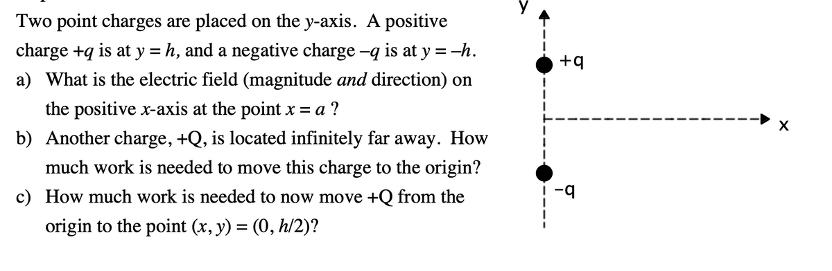 Two point charges are placed on the y-axis. A positive
charge +q is at y = h, and a negative charge -q is at y = -h.
+q
a) What is the electric field (magnitude and direction) on
the positive x-axis at the point x = a ?
b) Another charge, +Q, is located infinitely far away. How
much work is needed to move this charge to the origin?
c) How much work is needed to now move +Q from the
origin to the point (x, y) = (0, h/2)?

