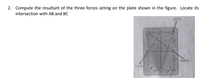 2. Compute the resultant of the three forces acting on the plate shown in the figure. Locate its
intersection with AB and BC
632 lb
1000 Ib
722 lb
