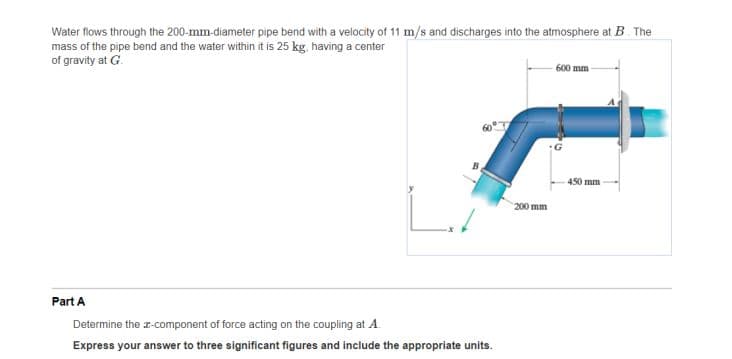 Water flows through the 200-mm-diameter pipe bend with a velocity of 11 m/s and discharges into the atmosphere at B. The
mass of the pipe bend and the water within it is 25 kg, having a center
of gravity at G.
600 mm
450 mm
200 mm
Part A
Determine the r-component of force acting on the coupling at A.
Express your answer to three significant figures and include the appropriate units.
