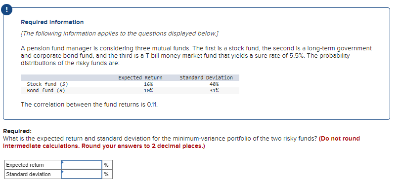 Required information
[The following information applies to the questions displayed below.]
A pension fund manager is considering three mutual funds. The first is a stock fund, the second is a long-term government
and corporate bond fund, and the third is a T-bill money market fund that yields a sure rate of 5.5%. The probability
distributions of the risky funds are:
stock fund (S)
Bond fund (B)
The correlation between the fund returns is 0.11.
Expected Return
16%
10%
Expected return
Standard deviation
Required:
What is the expected return and standard deviation for the minimum-variance portfolio of the two risky funds? (Do not round
Intermediate calculations. Round your answers to 2 decimal places.)
%
%
standard Deviation
40%
31%