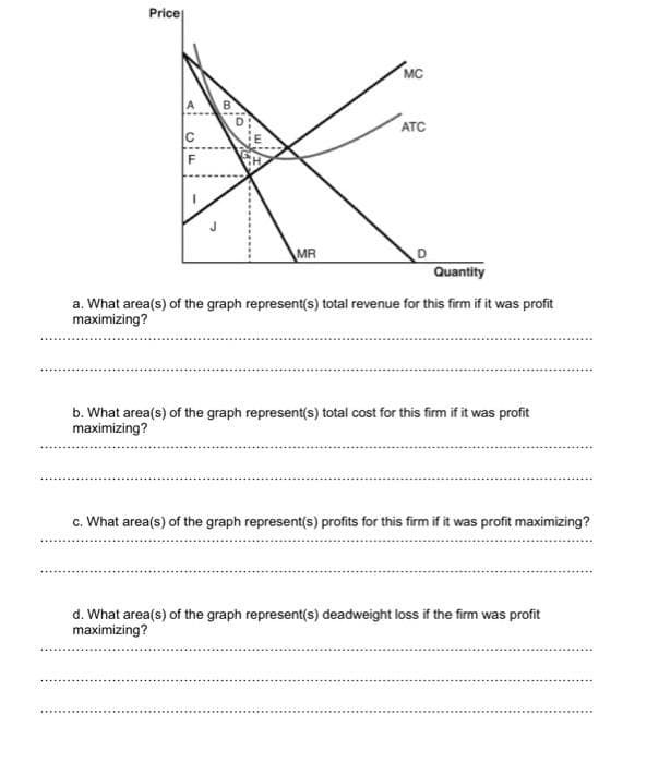 Price
MC
ATC
IC
MR
Quantity
a. What area(s) of the graph represent(s) total revenue for this firm if it was profit
maximizing?
b. What area(s) of the graph represent(s) total cost for this firm if it was profit
maximizing?
c. What area(s) of the graph represent(s) profits for this firm if it was profit maximizing?
d. What area(s) of the graph represent(s) deadweight loss if the firm was profit
maximizing?
