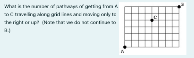 What is the number of pathways of getting from A
to C travelling along grid lines and moving only to
the right or up? (Note that we do not continue to
B.)
A
