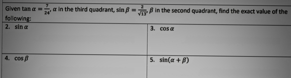 7
a in the third quadrant, sin ß = ß in the second quadrant, find the exact value of the
Given tan a =
24'
V13
following:
2. sin a
3. cos a
4. cos B
5. sin(æ + B)
