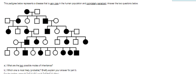 This pedigree below represents a disease that is very rare in the human population and completely penetrant. Answer the two questions below.
a.) What are the two possible modes of inheritance?
b.) Which one is most likely (probable)? Briefly explain your answer for part b.
Eor the toplhar press Al T+F10 (PCL ar ALT+EN+F10 (Mar)
