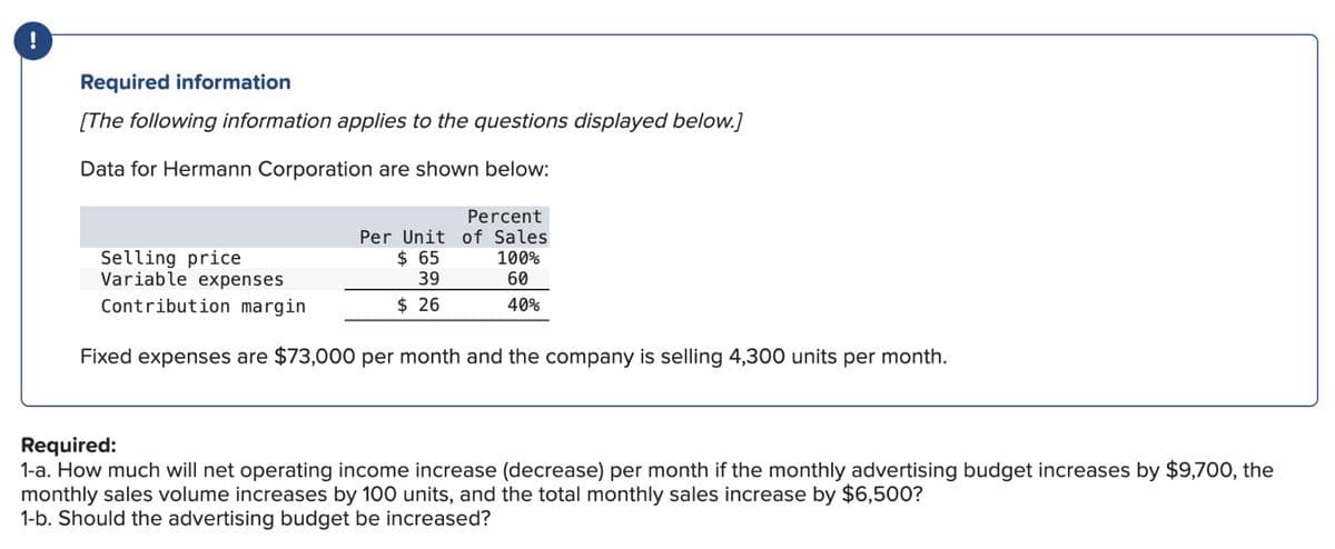 Required information
[The following information applies to the questions displayed below.]
Data for Hermann Corporation are shown below:
Selling price
Variable expenses
Contribution margin.
Percent
Per Unit of Sales
$ 65
39
$ 26
100%
60
40%
Fixed expenses are $73,000 per month and the company is selling 4,300 units per month.
Required:
1-a. How much will net operating income increase (decrease) per month if the monthly advertising budget increases by $9,700, the
monthly sales volume increases by 100 units, and the total monthly sales increase by $6,500?
1-b. Should the advertising budget be increased?