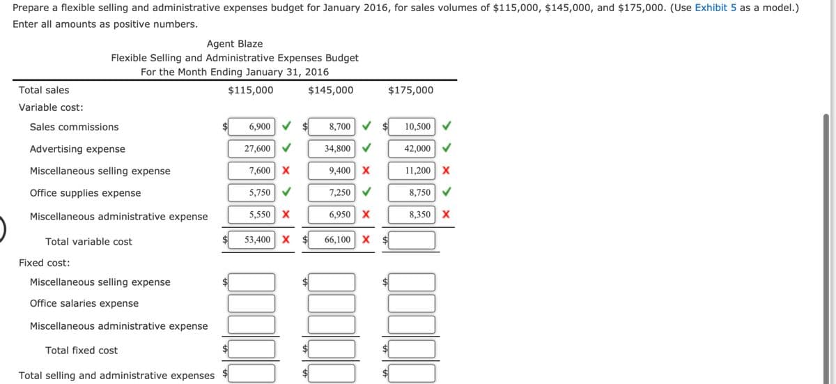 Prepare a flexible selling and administrative expenses budget for January 2016, for sales volumes of $115,000, $145,000, and $175,000. (Use Exhibit 5 as a model.)
Enter all amounts as positive numbers.
Agent Blaze
Flexible Selling and Administrative Expenses Budget
For the Month Ending January 31, 2016
Total sales
Variable cost:
Sales commissions
Advertising expense
$115,000
$145,000
$175,000
$
tA
6,900
A
27,600
8,700
34,800
EA
10,500
42,000
7,600 X
9,400 X
11,200 X
5,750
5,550 X
7,250
8,750
6,950 X
8,350 X
A
53,400 X $
66,100 X
$
ta
Miscellaneous selling expense
Office supplies expense
Miscellaneous administrative expense
Total variable cost
Fixed cost:
Miscellaneous selling expense
Office salaries expense
Miscellaneous administrative expense
Total fixed cost
Total selling and administrative expenses
LA
EA
tA
tA
A