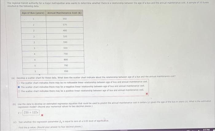 The regional transit authority for a major metropolitan area wants to determine whether there is a relationship between the age of a bus and the annual maintenance cost. A sample of 10 buses
resulted in the following data.
Age of Bus (years) Annual Maintenance Cost (5)
1
350
370
2
2
2
2
3
4
4
S
5
480
520
590
550
750
800
790
950
(a) Develop a scatter chart for these data. What does the scatter chart indicate about the relationship between age of a bus and the annual maintenance cost?
The scatter chart indicates there may be no noticeable linear relationship between age of bus and annual maintenance cost
The scatter chart indicates there may be a negative linear relationship between age of bus and annual maintenance cost.
O The scatter chart indicates there may be a positive linear relationship between age of bus and annual maintenance cost.
(b) Use the data to develop an estimated regression equation that could be used to predict the annual maintenance cost in dollars () given the age of the bus in years (e). What is the estimated
regression model? [Round your numerical values to two decimal places.)
9-220+132x
(c) Test whether the regression parameter is equal to zero at a 0.05 level of signce
Find the p-value. (Round your answer to four decimal places)
417 PM