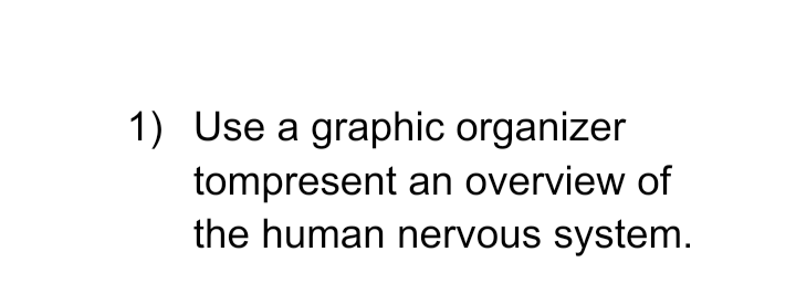 1) Use a graphic organizer
tompresent an overview of
the human nervous system.