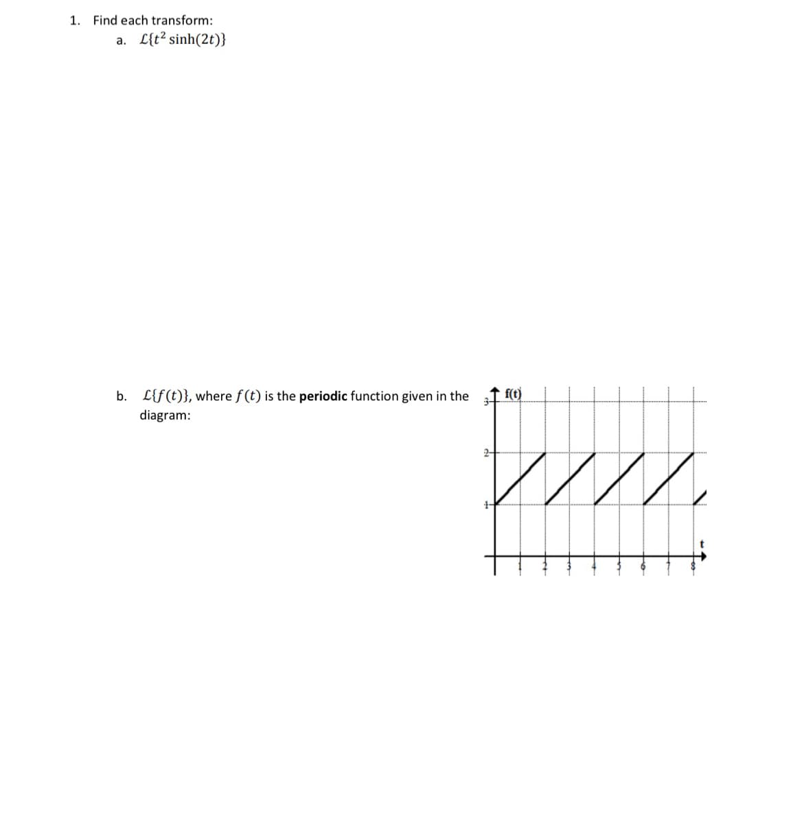 1. Find each transform:
a. £{t sinh(2t)}
b. L{f(t)}, where f(t) is the periodic function given in the
diagram:
f(t)
////.