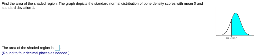 Find the area of the shaded region. The graph depicts the standard normal distribution of bone density scores with mean 0 and
standard deviation 1
z= -0.87
The area of the shaded region is
(Round to four decimal places as needed.)
