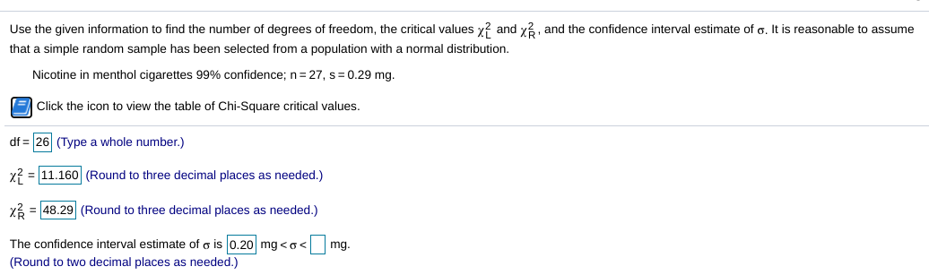 Use the given information to find the number of degrees of freedom, the critical values y? and y?, and the confidence interval estimate of o. It is reasonable to assume
that a simple random sample has been selected from a population with a normal distribution.
Nicotine in menthol cigarettes 99% confidence; n= 27, s= 0.29 mg.
E Click the icon to view the table of Chi-Square critical values.
df = 26 (Type a whole number.)
x? = 11.160 (Round to three decimal places as needed.)
y? = 48.29 (Round to three decimal places as needed.)
The confidence interval estimate of o is 0.20 mg <o<
mg.
(Round to two decimal places as needed.)
