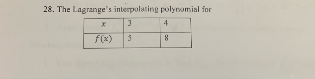 28. The Lagrange's interpolating polynomial for
3
4
f(x)
5
8.
Rombe
