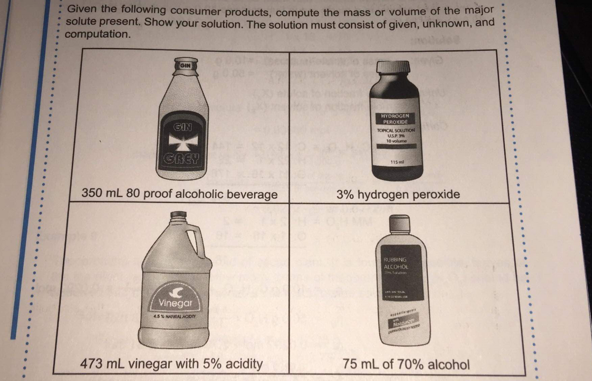 Given the following consumer products, compute the mass or volume of the major
solute present. Show your solution. The solution must consist of given, unknown, and
computation.
GIN
HYDROGEN
PEROXIDE
GIN
TOPICAL SOLUTON
USP. 3%
10 volume
GREY
115 ml
350 mL 80 proof alcoholic beverage
3% hydrogen peroxide
RUBBING
ALCOHOL
Savt
Vinegar
45% NAFURAL ACIOY
Moistast
473 mL vinegar with 5% acidity
75 mL of 70% alcohol
