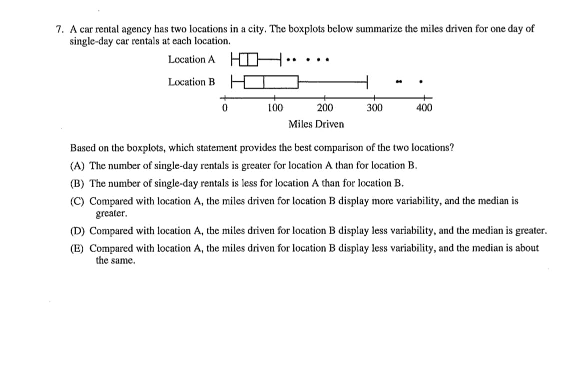 7. A car rental agency has two locations in a city. The boxplots below summarize the miles driven for one day of
single-day car rentals at each location.
Location A
HI
..
..
Location B
100
200
300
400
Miles Driven
Based on the boxplots, which statement provides the best comparison of the two locations?
(A) The number of single-day rentals is greater for location A than for location B.
(B) The number of single-day rentals is less for location A than for location B.
(C) Compared with location A, the miles driven for location B display more variability, and the median is
greater.
(D) Compared with location A, the miles driven for location B
less variability, and the median is greater.
(E) Compared with location A, the miles driven for location B display less variability, and the median is about
the same.
