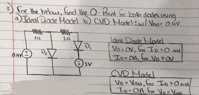 3) for the belaw, find the Q-Point for bolh diades using
a) Ideal Diode Model b) CUD Modeliw/ VoN= 0.4v.
Ideal Dioce Madel
Vo= Ov, for ID>O and
ID-OA, tor Vo E OV
12
1n
1V
CVD Madel
VD VON, for ID>O and/
ID=OA for Vo VoN
