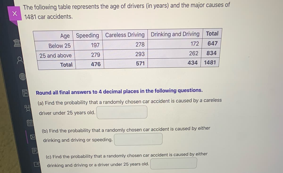 The following table represents the age of drivers (in years) and the major causes of
1481 car accidents.
Age Speeding Careless Driving
Drinking and Driving
Total
Below 25
197
278
172
647
25 and above
279
293
262
834
Total
476
571
434
1481
Round all final answers to 4 decimal places in the following questions.
(a) Find the probability that a randomly chosen car accident is caused by a careless
driver under 25 years old.
(b) Find the probability that a randomly chosen car accident is caused by either
drinking and driving or speeding.
(c) Find the probability that a randomly chosen car accident is caused by either
drinking and driving or a driver under 25 years old.
