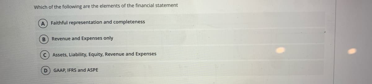 Which of the following are the elements of the financial statement
A Faithful representation and completeness
Revenue and Expenses only
Assets, Liability, Equity, Revenue and Expenses
D GAAP, IFRS and ASPE
