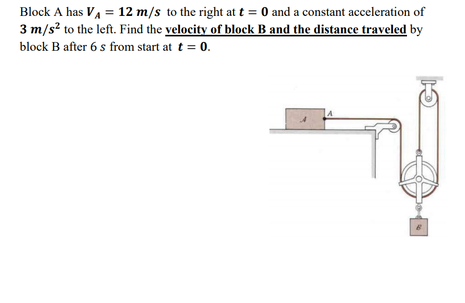 = 12 m/s to the right at t = 0 and a constant acceleration of
Block A has VA
3 m/s² to the left. Find the velocity of block B and the distance traveled by
block B after 6 s from start at t = 0.
A
