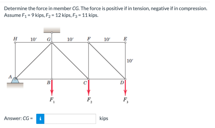 Determine the force in member CG. The force is positive if in tension, negative if in compression.
Assume F1 = 9 kips, F2 = 12 kips, F3 = 11 kips.
H
10'
G
10'
F
10'
E
10'
B
C
D
F,
F,
F,
Answer: CG = i
kips
