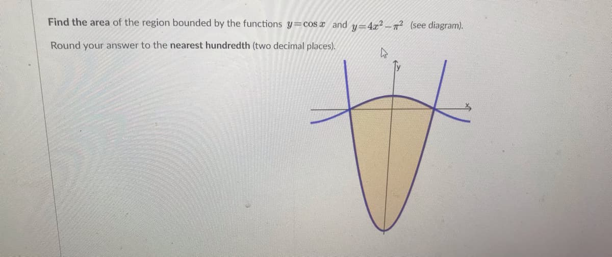Find the area of the region bounded by the functions y=cos x and y=4x2 –72 (see diagram).
Round your answer to the nearest hundredth (two decimal places).

