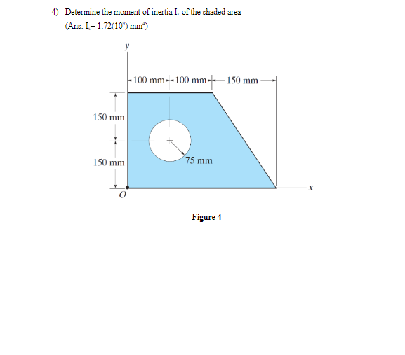 4) Determine the moment of inertia I, of the shaded area
(Ans: I= 1.72(10') mm")
-100 mm--100 mm- 150 mm
150 mm
150 mm
75 mm
Figure 4
