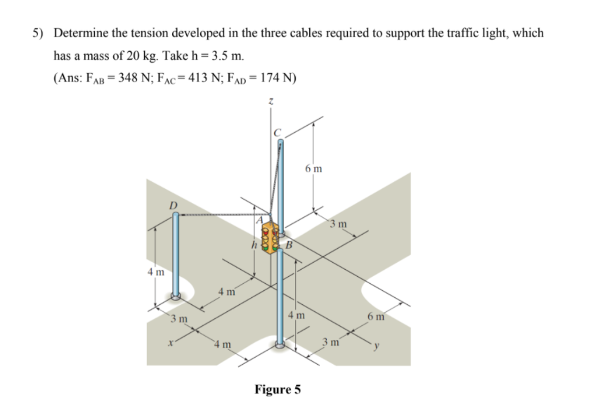 5) Determine the tension developed in the three cables required to support the traffic light, which
has a mass of 20 kg. Take h = 3.5 m.
(Ans: FAB = 348 N; FAC= 413 N; FAD = 174 N)
6 m
D
3 m
B
4 m
4 m
4 m
6 m
`3 m
3 m
4 m
Figure 5
200
