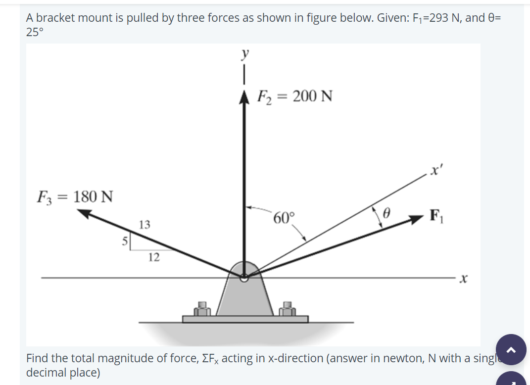 A bracket mount is pulled by three forces as shown in figure below. Given: F1=293 N, and 0=
25°
y
A F2 = 200 N
F3 = 180 N
13
60°
F,
12
Find the total magnitude of force, EFx acting in x-direction (answer in newton, N with a singl
decimal place)
