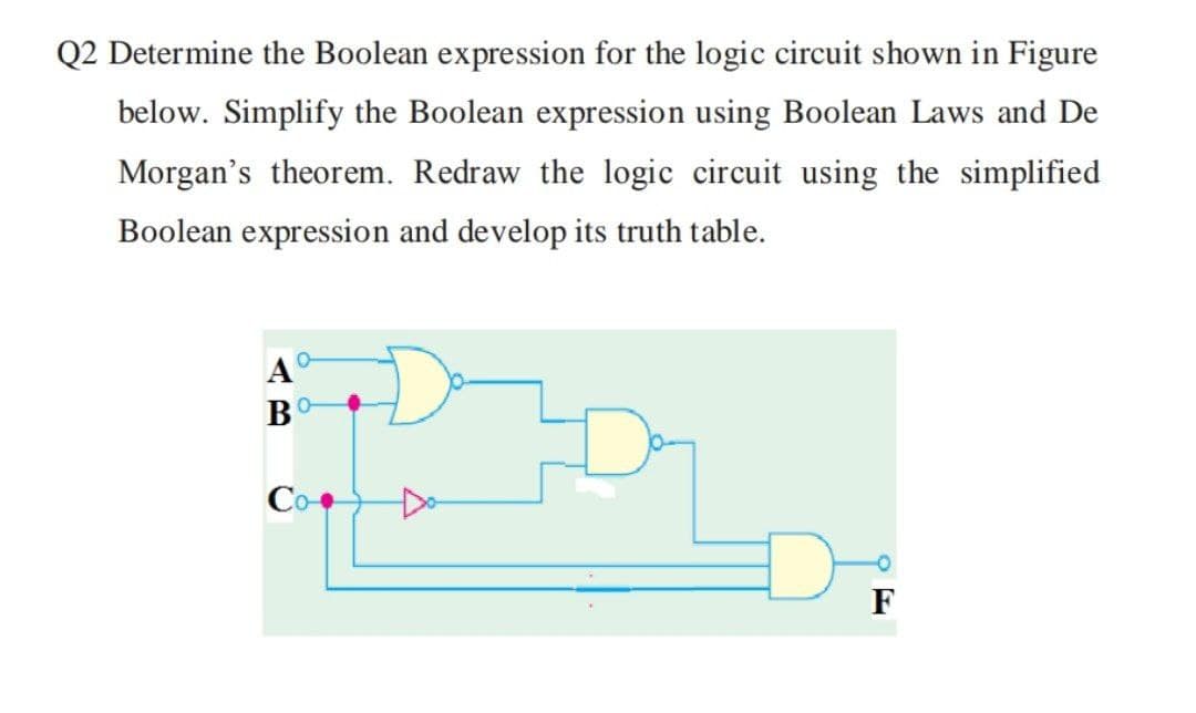 Q2 Determine the Boolean expression for the logic circuit shown in Figure
below. Simplify the Boolean expression using Boolean Laws and De
Morgan's theorem. Redraw the logic circuit using the simplified
Boolean expression and develop its truth table.
A°
Co+
Do
F
