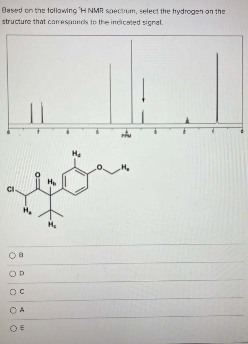 Based on the following 'H NMR spectrum, select the hydrogen on the
structure that corresponds to the indicated signal.
PPM
Ha
He
