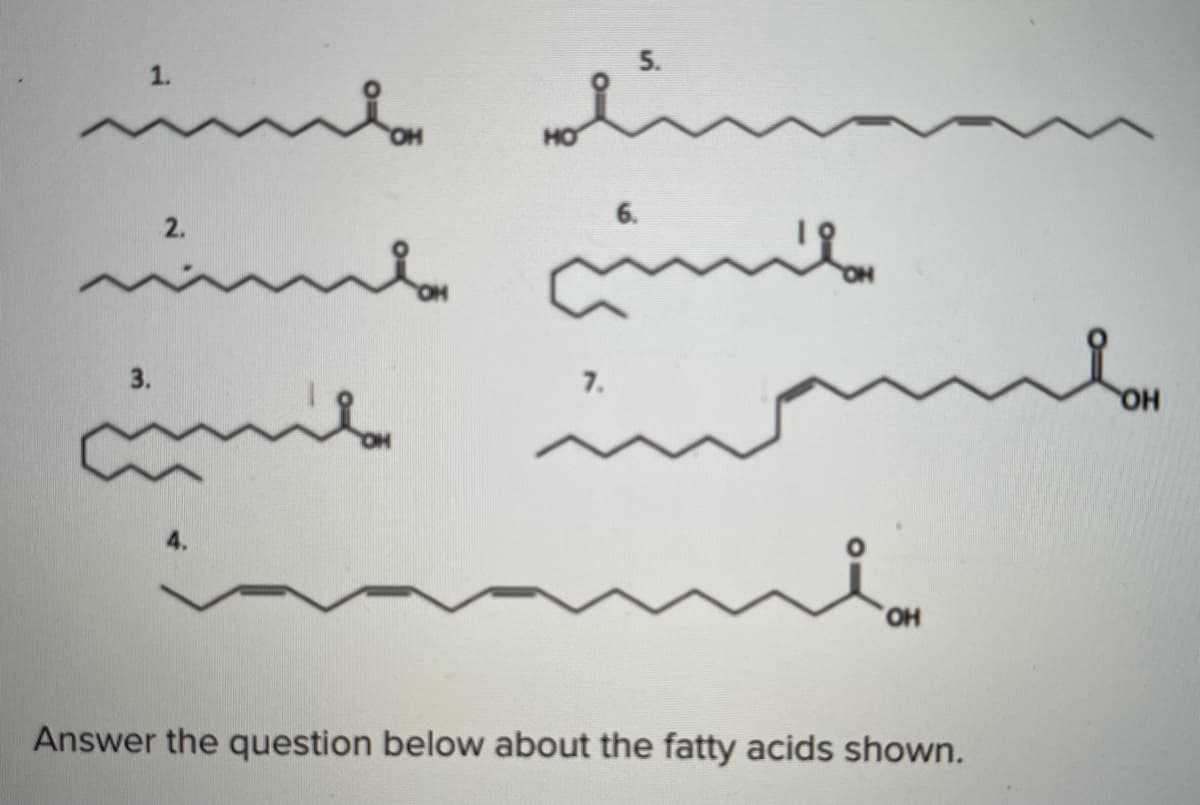 imb adim
5.
1.
6.
2.
3.
7.
HO,
HO,
Answer the question below about the fatty acids shown.
