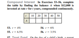 Compound Interest In Exercises 53-56, complete
the table by finding the balance A when $12,000 is
invested at rate r for t years, compounded continuously.
10 20 30 40 50
53. r- 4%
54. - 6%
55. r- 6.5%
56. r- 3.5%
57. Trust Fund
of a child'
narent
