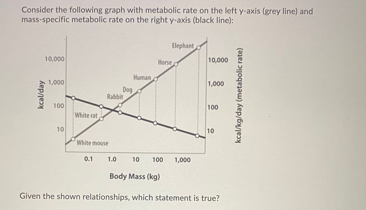 Consider the following graph with metabolic rate on the left y-axis (grey line) and
mass-specific metabolic rate on the right y-axis (black line):
Elephant
10,000
Horse d
10,000
Human
1,000
1,000
Dog
Rabbit
o
100
100
White rat
10
10
White mouse
0.1
1.0
10
100
1,000
Body Mass (kg)
Given the shown relationships, which statement is true?
kcal/day
kcal/kg/day (metabolic rate)
