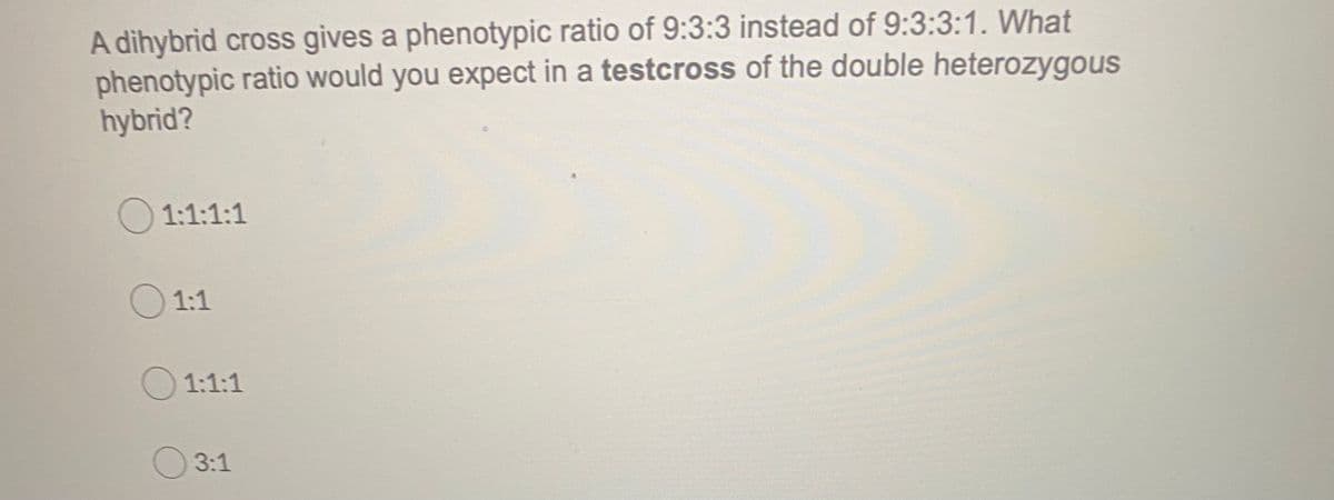 A dihybrid cross gives a phenotypic ratio of 9:3:3 instead of 9:3:3:1. What
phenotypic ratio would you expect in a testcross of the double heterozygous
hybrid?
O 1:1:1:1
1:1
1:1:1
3:1
