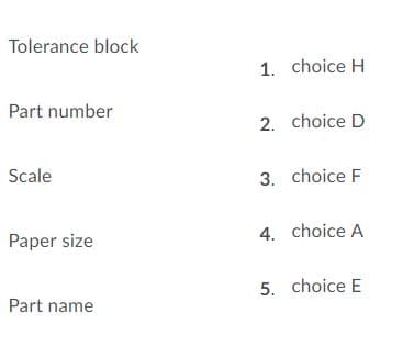 Tolerance block
1. choice H
Part number
2. choice D
Scale
3. choice F
4. choice A
Paper size
5. choice E
Part name
