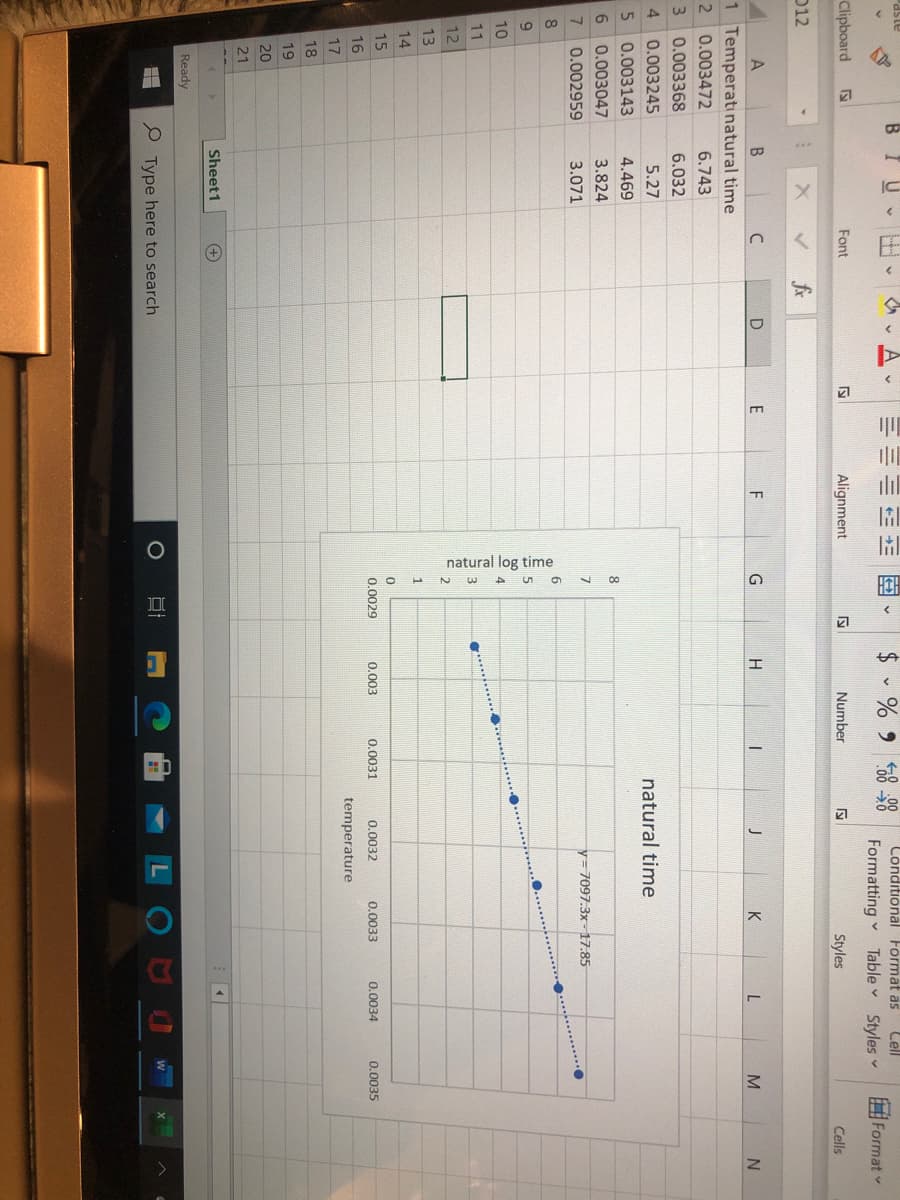 IC
田
natural log time
- N W +u v 00
%24
Londitional Format as
Lell
Formatting Table Styles
Format v
Clipboard
Font
Alignment
Number
Styles
Cells
D12
fx
B
E
K
M
1 Temperatinatural time
2 0.003472
6.743
0.003368
6.032
4.
0.003245
5.27
natural time
5.
0.003143
4.469
6.
0.003047
3.824
0.002959
3.071
y= 7097.3x- 17.85
8.
10
11
12
13
14
15
0.0029
0.003
0.0031
0.0032
0.0033
0.0034
0.0035
16
temperature
17
18
19
20
21
Sheet1
+)
Ready
P Type here to search
