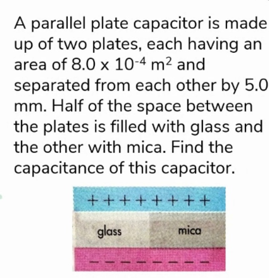 A parallel plate capacitor is made
up of two plates, each having an
area of 8.0 x 10-4 m² and
separated from each other by 5.0
mm. Half of the space between
the plates is filled with glass and
the other with mica. Find the
capacitance of this capacitor.
+++++ + ++
glass
mica
