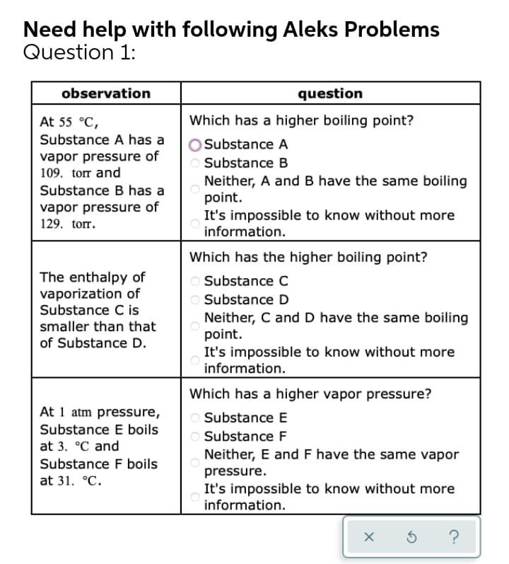Need help with following Aleks Problems
Question 1:
observation
question
At 55 °C,
Which has a higher boiling point?
Substance A has a
Substance A
vapor pressure of
109. torr and
Substance B
Neither, A and B have the same boiling
point.
It's impossible to know without more
information.
Substance B has a
vapor pressure of
129. torr.
Which has the higher boiling point?
The enthalpy of
vaporization of
Substance C is
smaller than that
O Substance C
O Substance D
Neither, C and D have the same boiling
point.
It's impossible to know without more
information.
of Substance D.
Which has a higher vapor pressure?
At 1 atm pressure,
Substance E boils
Substance E
Substance F
at 3. °C and
Neither, E and F have the same vapor
Substance F boils
pressure.
It's impossible to know without more
information.
at 31. °C.
?
