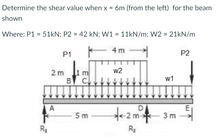Determine the shear value when x = 6m (from the left) for the beam
shown
Where: P1 = 51kN; P2 = 42 kN; W1 = 11kN/m; W2 = 21kN/m
4m
P1
P2
w2
m
D
5m
42m²4
R₂
R₁
2m
A
B
W1
2m 3m