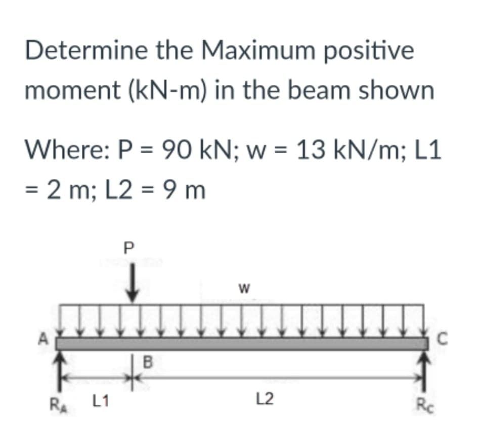Determine the Maximum positive
moment (kN-m) in the beam shown
Where: P = 90 kN; w = 13 kN/m; L1
= 2 m; L2 = 9m
P
W
C
RA
L1
B
L2
Rc