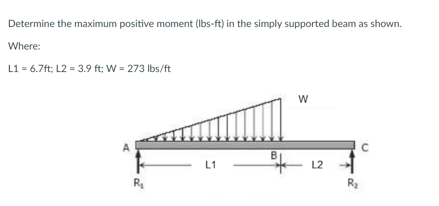 Determine the maximum positive moment (lbs-ft) in the simply supported beam as shown.
Where:
L1 = 6.7ft; L2= 3.9 ft; W = 273 lbs/ft
W
A
C
R₁
L1
B
L2
R₂