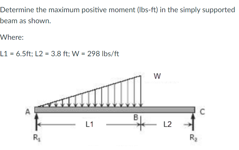 Determine the maximum positive moment (lbs-ft) in the simply supported
beam as shown.
Where:
L1 = 6.5ft; L2 = 3.8 ft; W = 298 lbs/ft
W
L1
R₁
B
L2
R₂