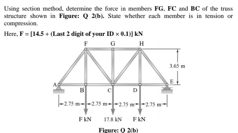 Using section method, determine the force in members FG, FC and BC of the truss
structure shown in Figure: Q 2(b). State whether each member is in tension or
compression.
Here, F = [14.5 + (Last 2 digit of your ID × 0.1)] kN
F
G
H
3.65 m
B
D
2.75 m→2.75 m→+2.75 m-2.75 m→
F kN
17.8 kN
F kN
Figure: Q 2(b)
