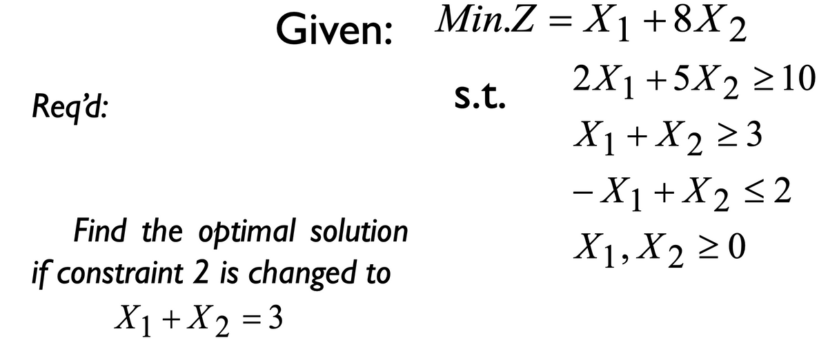 Req'd:
Given: Min.Z = X₁ +8X2
s.t.
Find the optimal solution
if constraint 2 is changed to
X₁ + X₂
X2
= 3
2X₁ +5X₂ ≥10
X₁ + X₂ ≥ 3
- X₁ + X₂ ≤2
<2
X1, X₂ ≥0