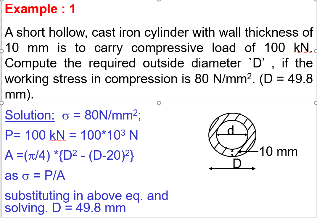 Example : 1
A short hollow, cast iron cylinder with wall thickness of
10 mm is to carry compressive load of 100 kN.c
Compute the required outside diameter D' , if the
working stress in compression is 80 N/mm2. (D = 49.8
mm).
Solution: o = 80N/mm2;
P= 100 kN = 100*103 N
-10 mm
A=(T/4) *{D² - (D-20)²}
as o = P/A
substituting in above eq. and
solving. D= 49.8 mm
